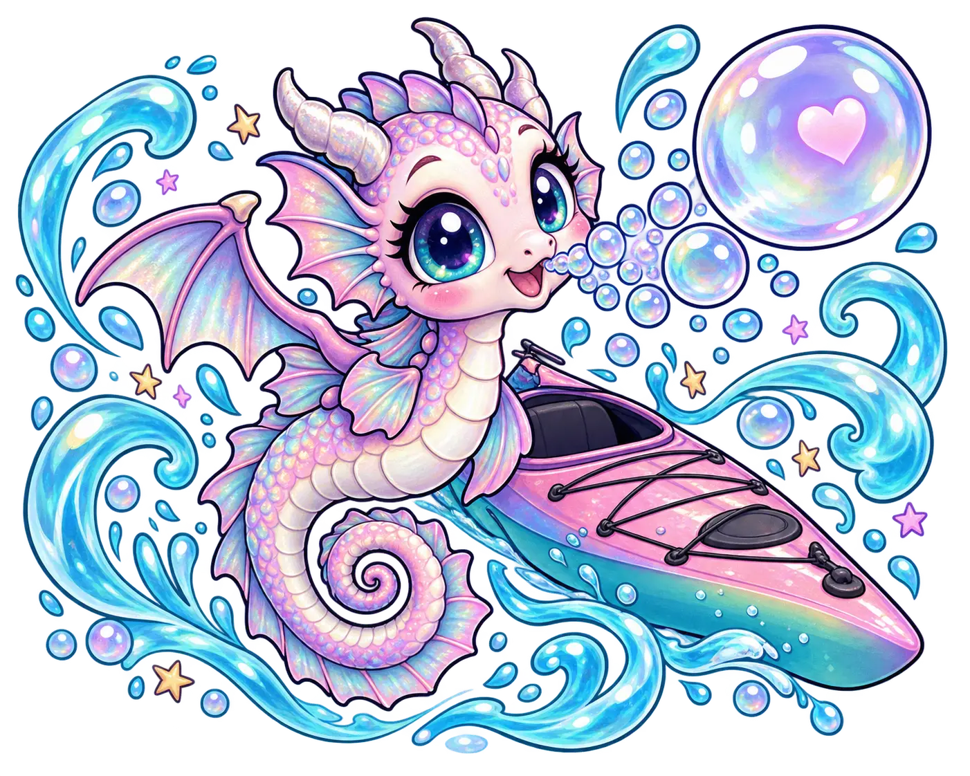 Adorable mascotte dragon hippocampe soufflant des bulles en forme de cœur près d’un kayak