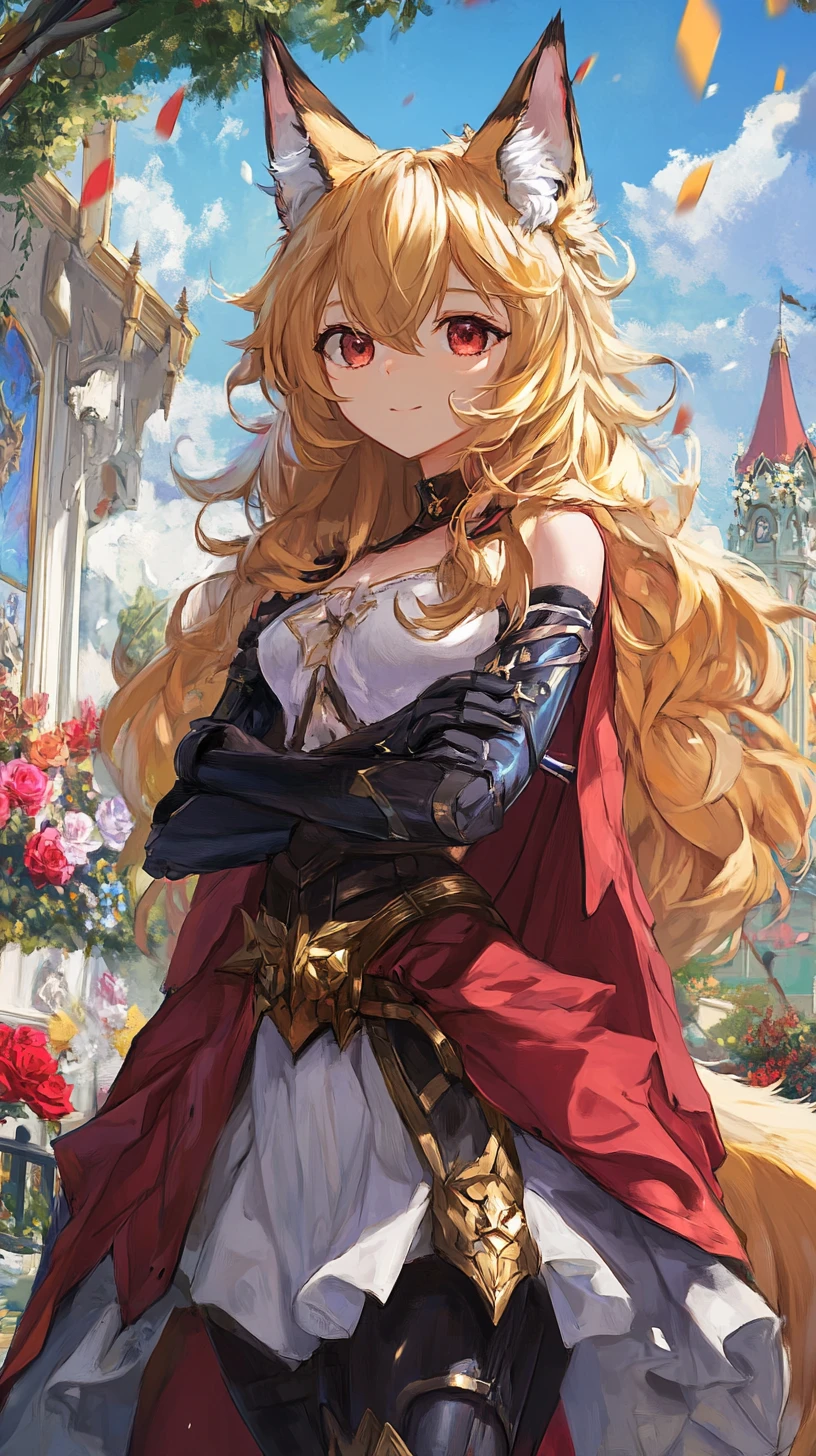 Fox eared fantasy girl in ornate armor on rose meadow