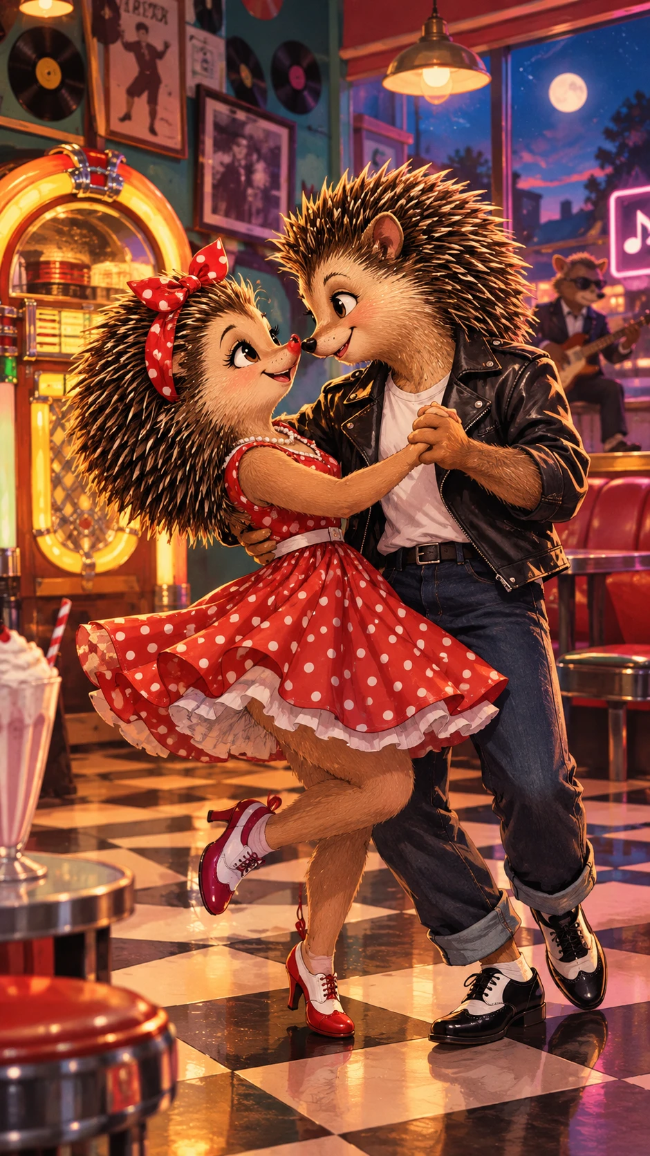 Anthropomorphes Igelpaar tanzt gemeinsam Rock ’n’ Roll