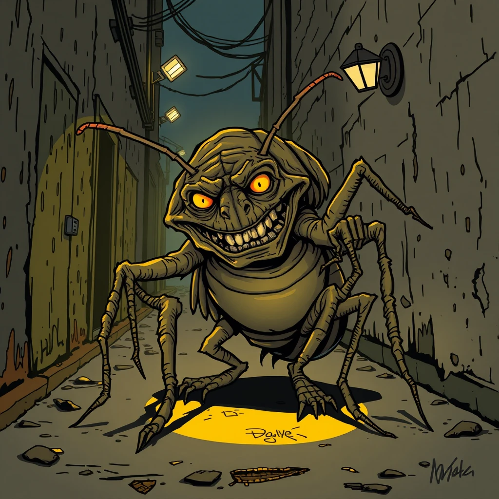 Grotesque Cartoon Cockroach Cowering In A Dim Urban Alley