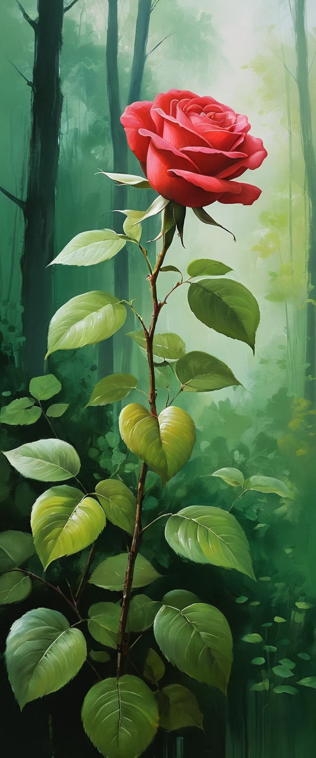 Peinture d’une rose rouge dans une paisible scène de forêt verte