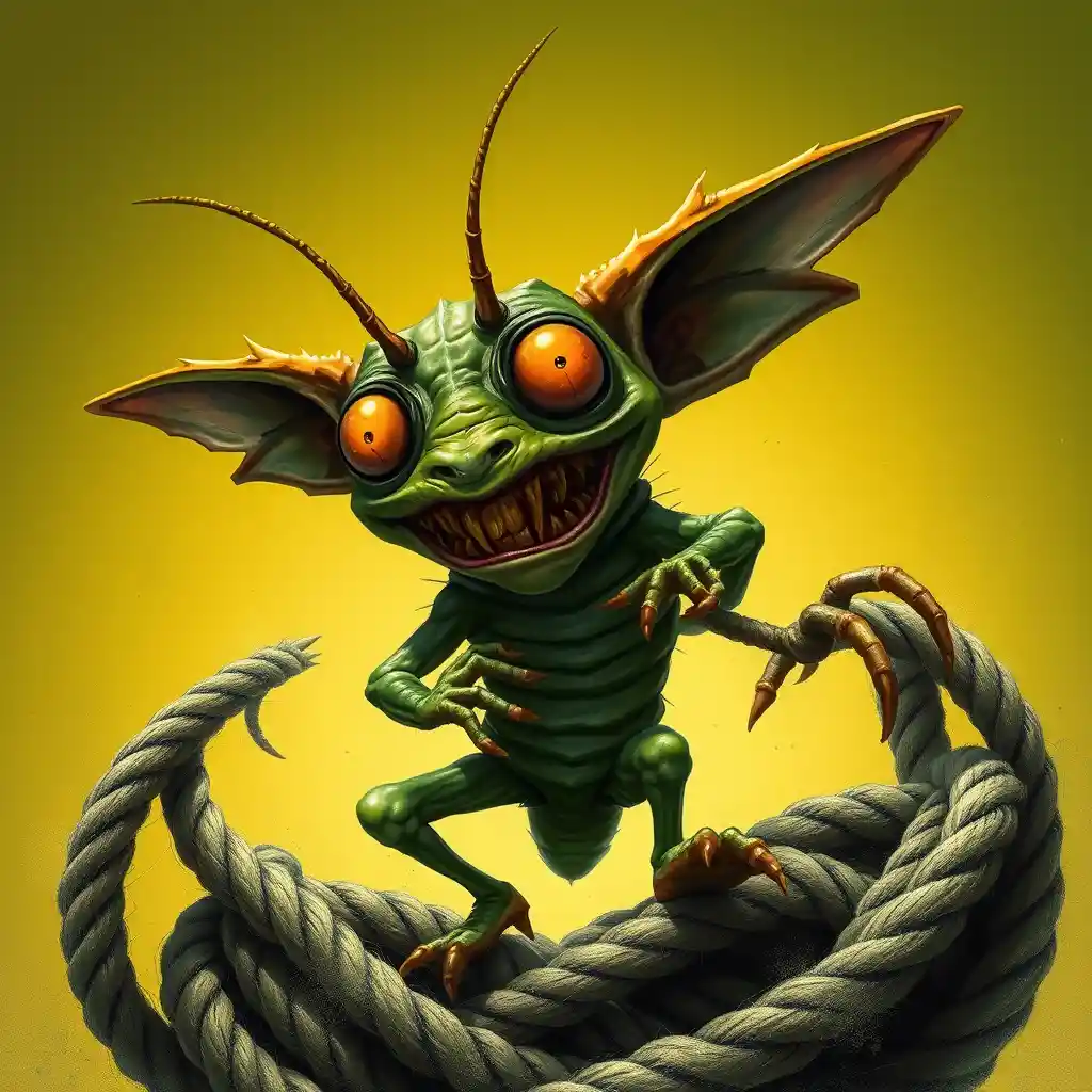 Anxious goblin creature tangled in rope under spotlight