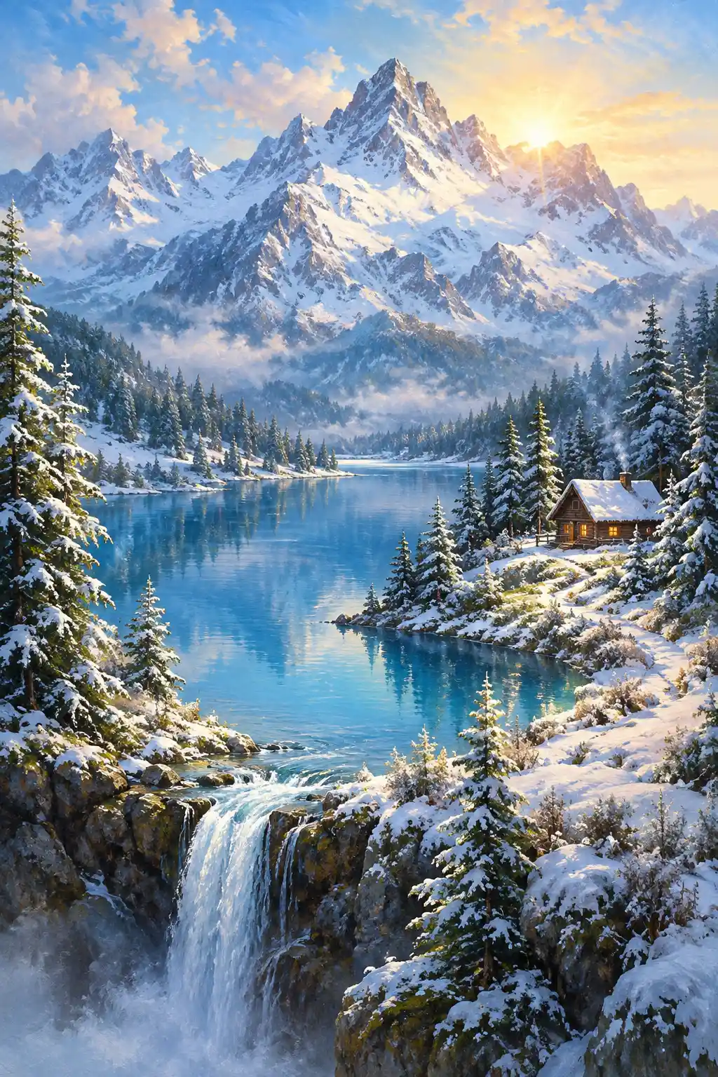 Lago di Montagna Innevato con Baita alla Luce del Mattino
