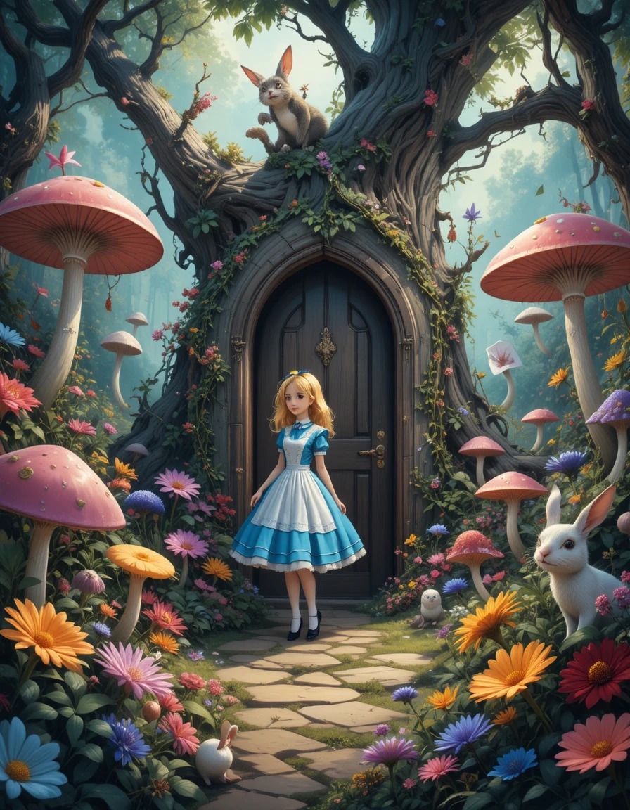 Girl In Enchanted Garden With Tiny Door And Flowers