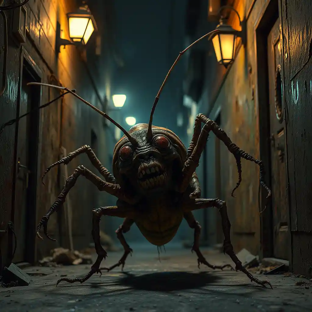 Terrified monster recoiling under a harsh alleyway spotlight