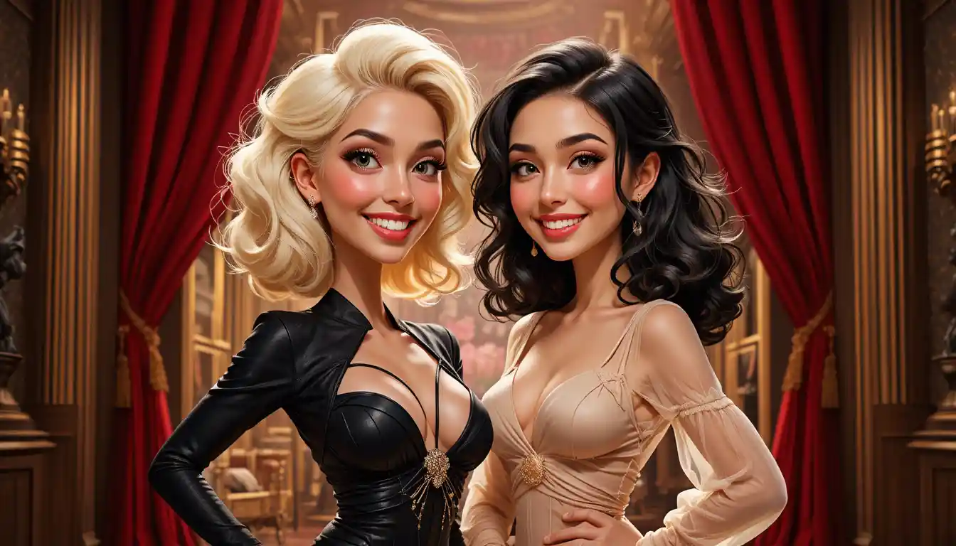 Dos mujeres elegantes posando juntas en un escenario sofisticado