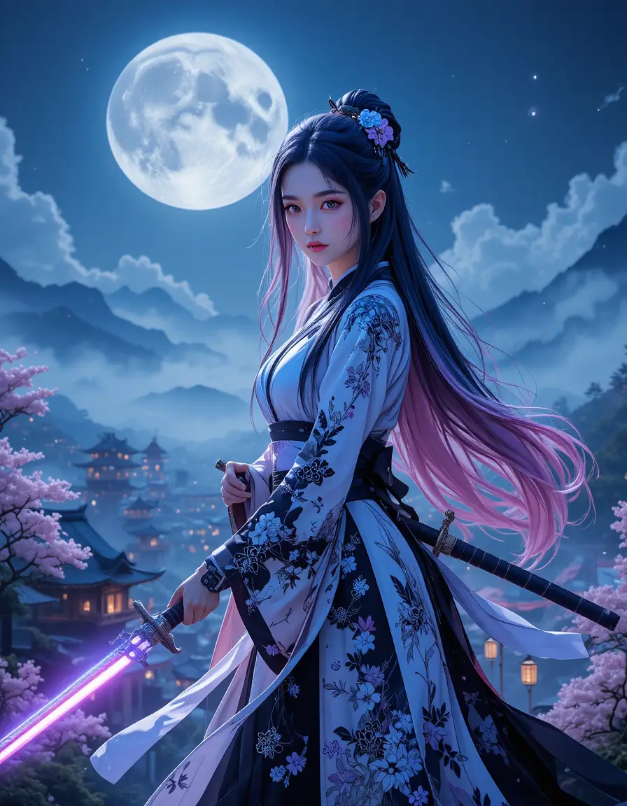 Maîtresse épéiste d’anime au-dessus d’une ancienne ville baignée de clair de lune