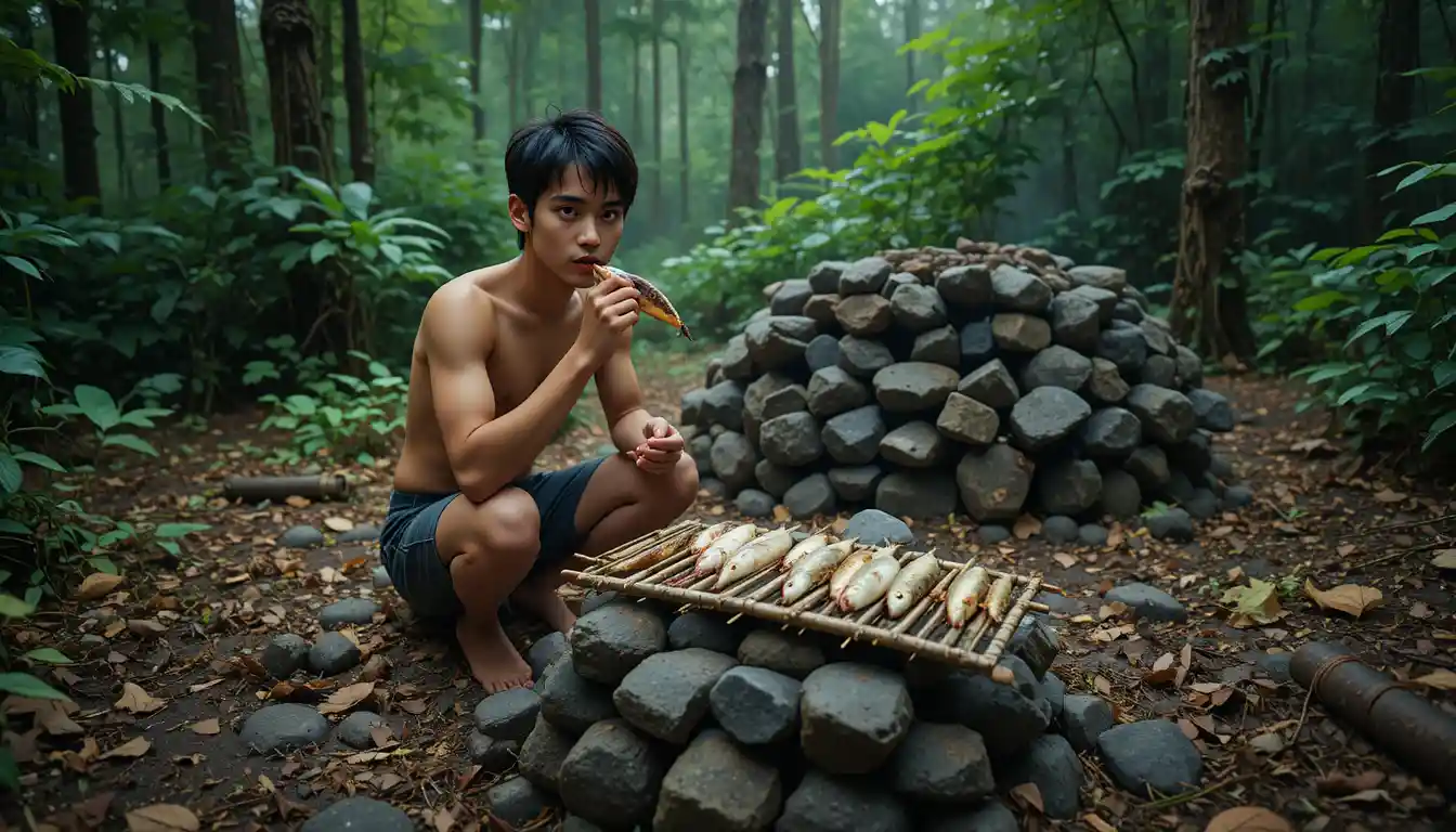 Young man eating roasted fish in a forest campsite