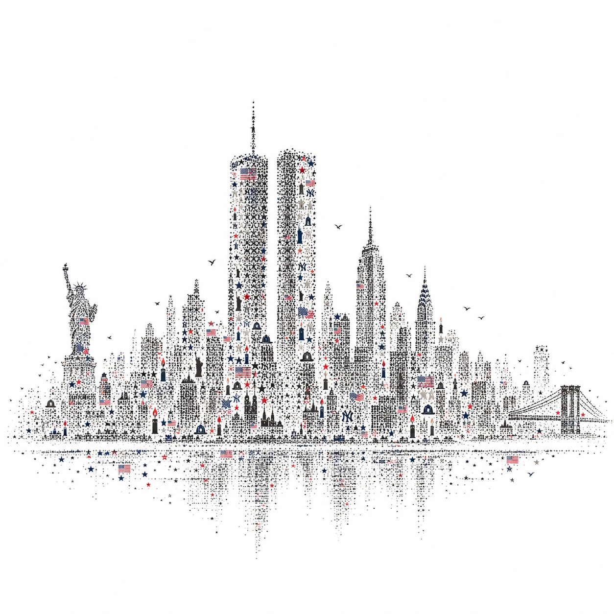 Minimalist Manhattan skyline built from symbolic stippling