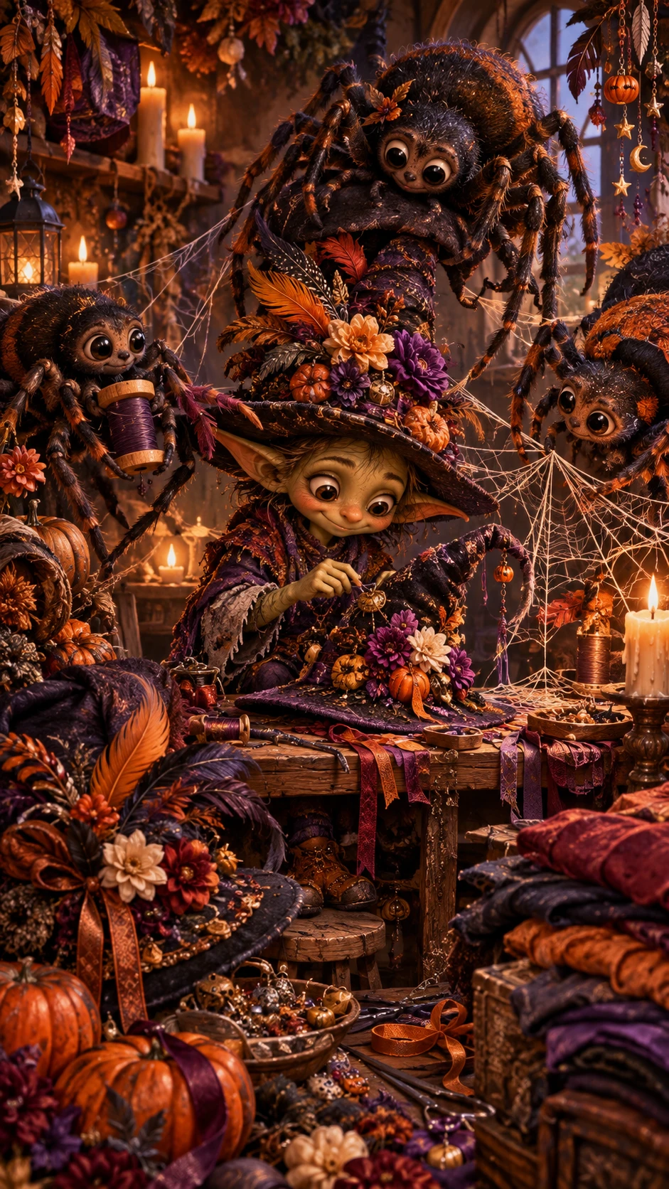 Whimsical Goblin Milliner In Cozy Halloween Workshop