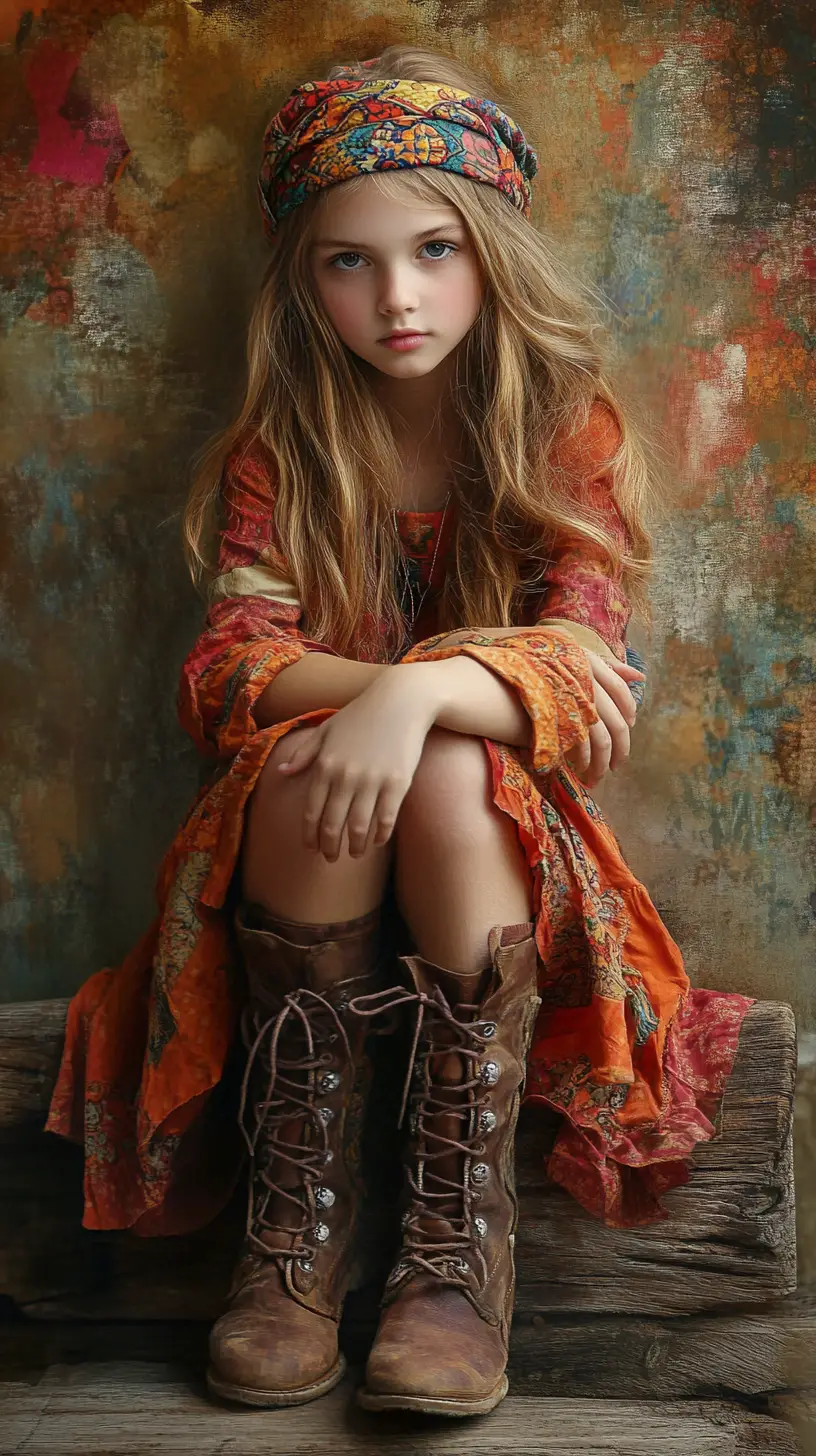Bohemian girl in orange dress sitting on wooden surface