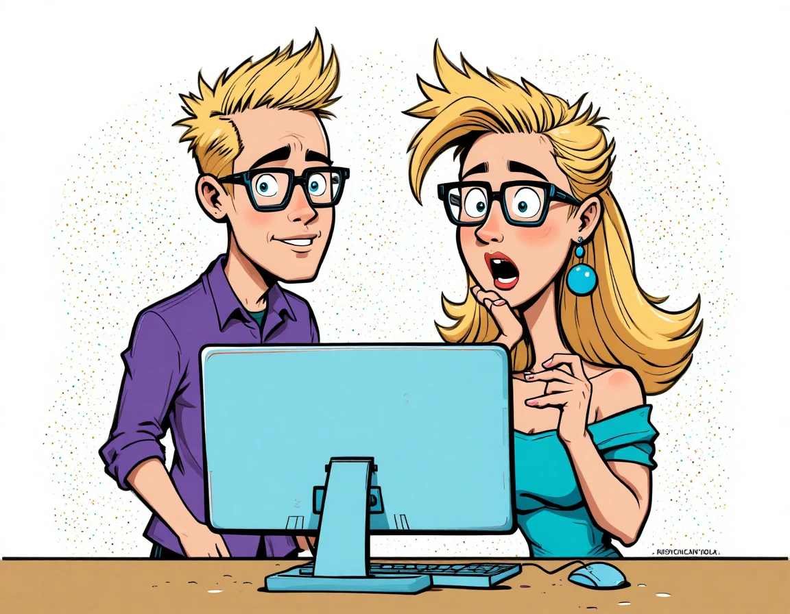Pareja de dibujos animados reaccionando a una pantalla de computadora en un escritorio