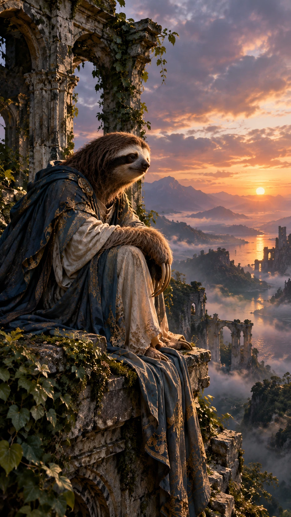 Melancholic sloth in baroque robes above a misty valley