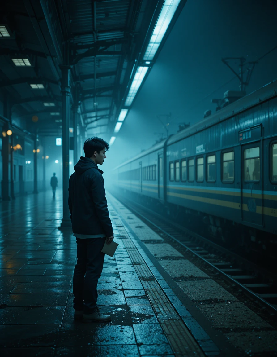 Sad man alone on an empty night train station platform