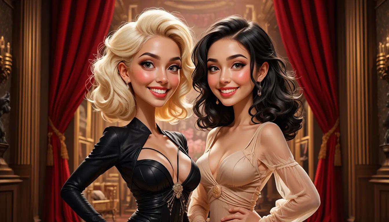 Two stylish women posing together on an elegant stage
