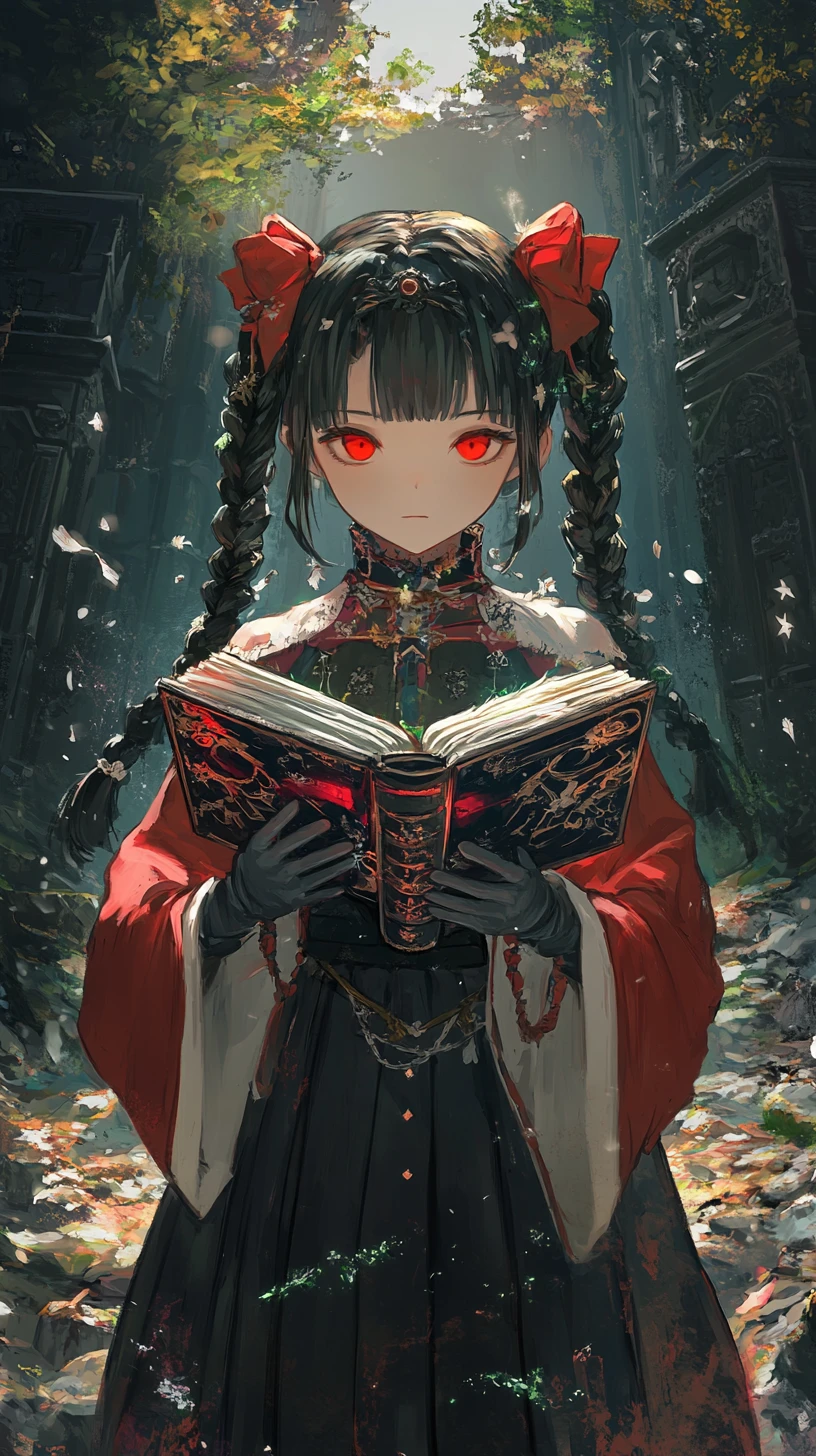 Anime-Mädchen mit dämonischem Buch an einer verfallenen Burg