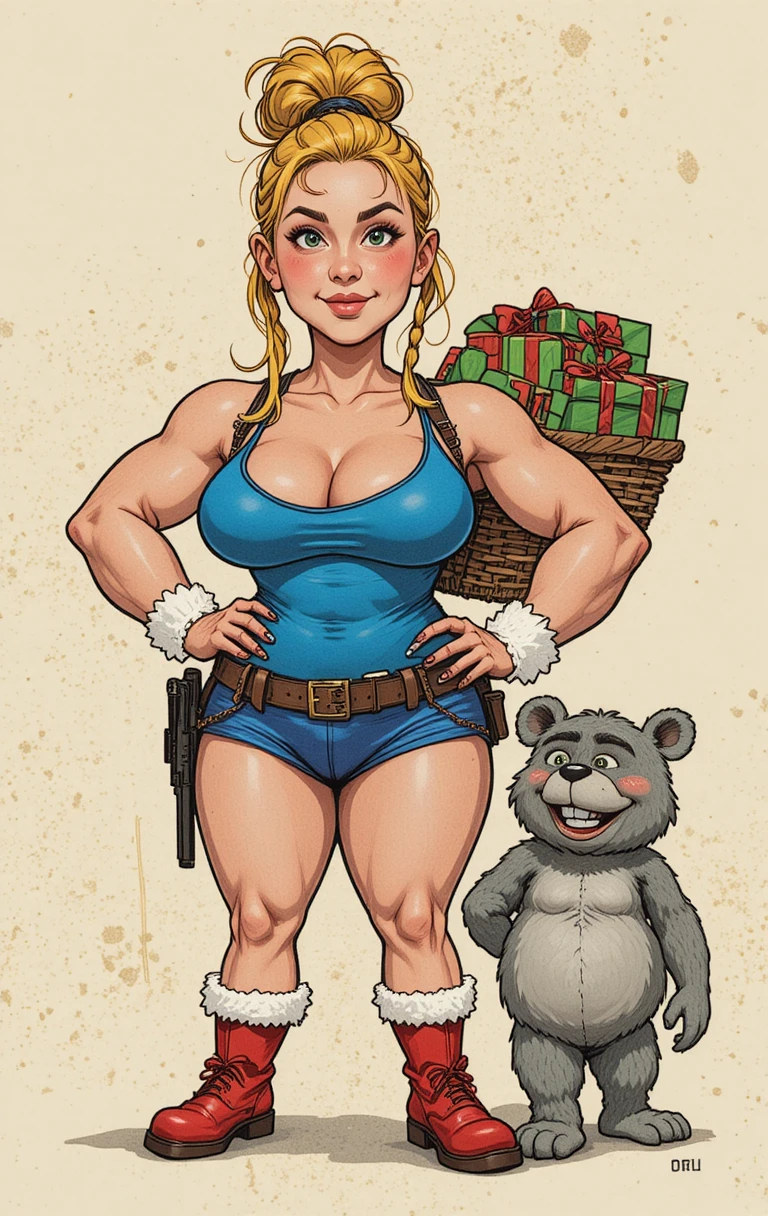 Cartoon warrior woman with yellow hair and hip holster