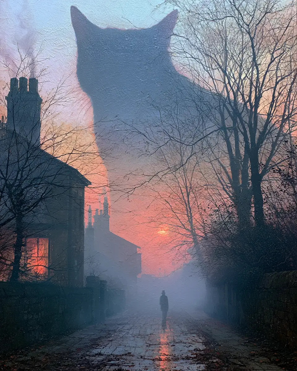 Giant cat on a quiet urban path at summer sunrise