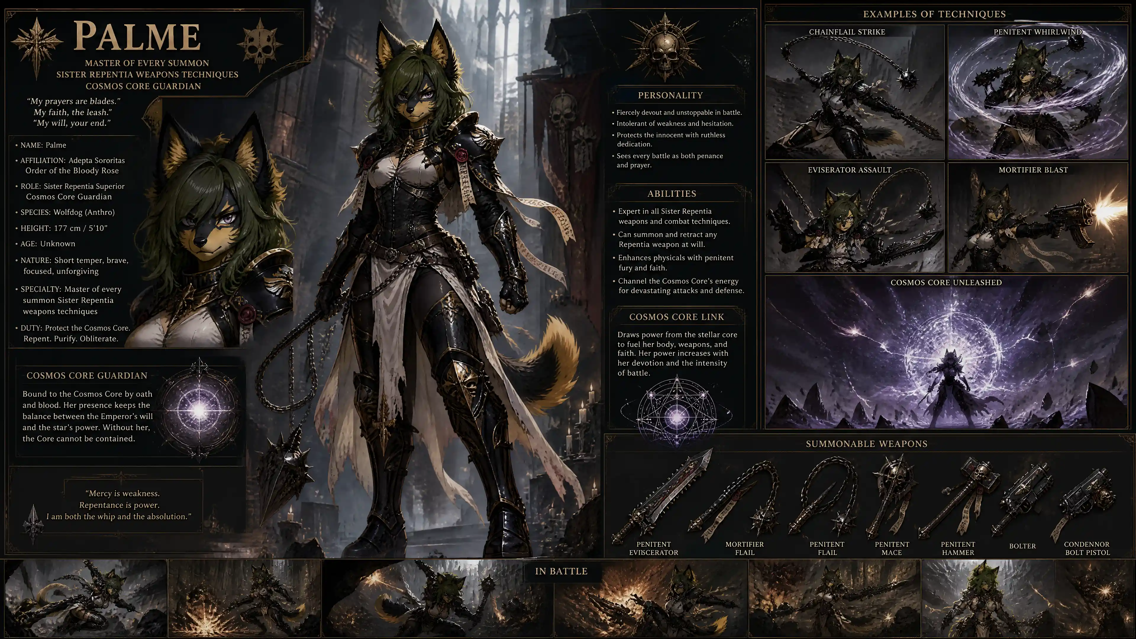 Battle ready wolfdog warrior woman in heavy armor