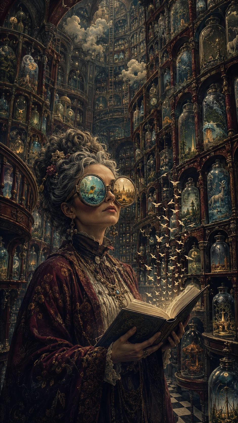 Eccentric Librarian In A Surreal Library Of Bottled Dreams