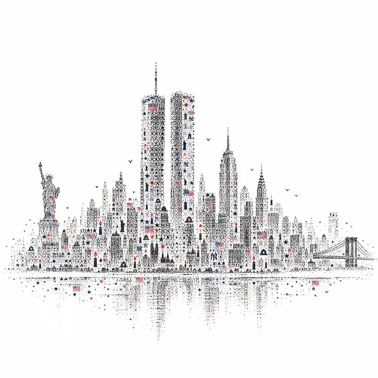 Minimalist Manhattan skyline built from symbolic stippling