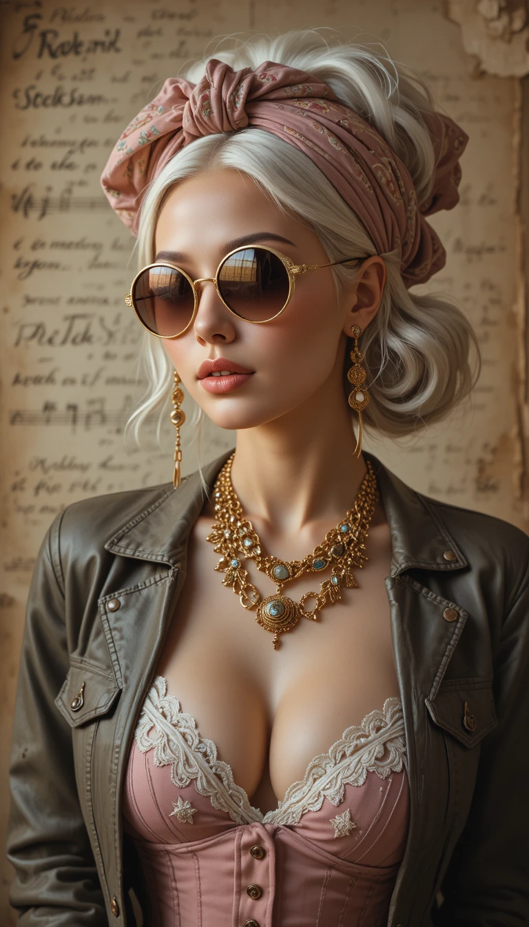 Retro-bohemische Frau mit Sonnenbrille und geschichtetem Goldschmuck