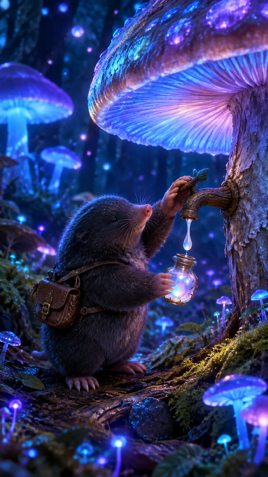 Taupe dodue récoltant de la sève lumineuse sur un champignon géant