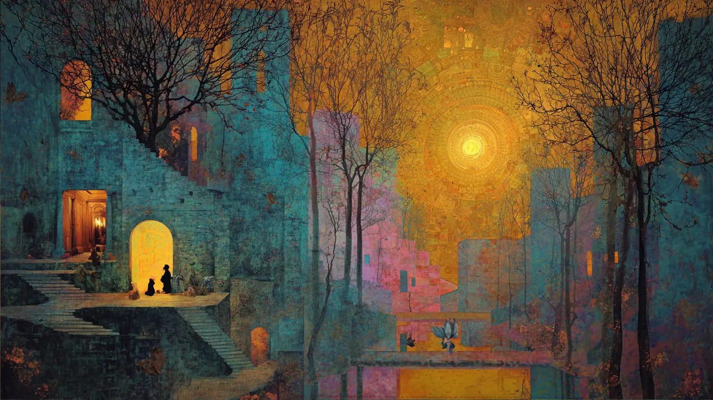 Peinture surréaliste de paysage du cœur en indigo et chaudes nuances dorées