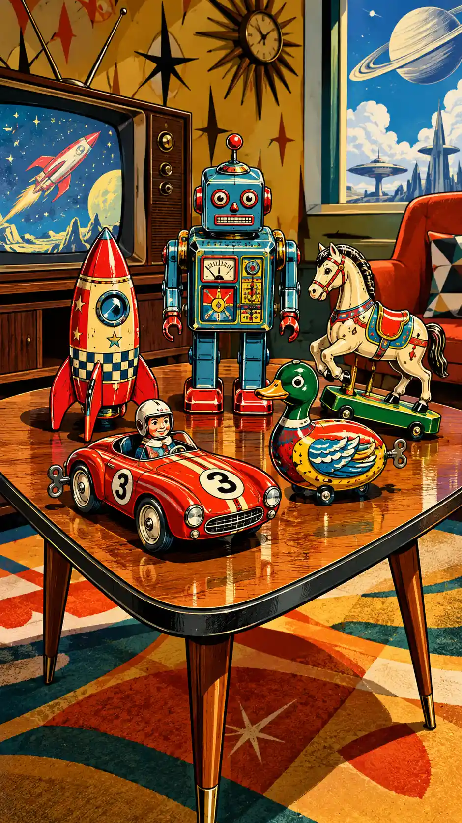 Table colorée des années 1950 avec jouets en tôle vintage dans un style fantastique