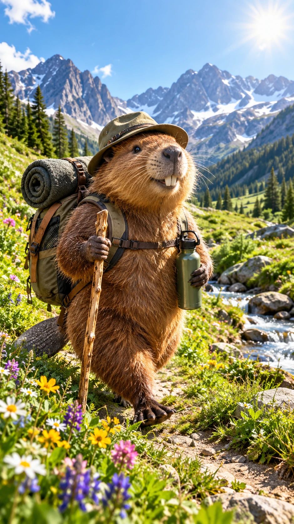 Opossum wandert mit Wanderstock durch sonnige Bergwiese