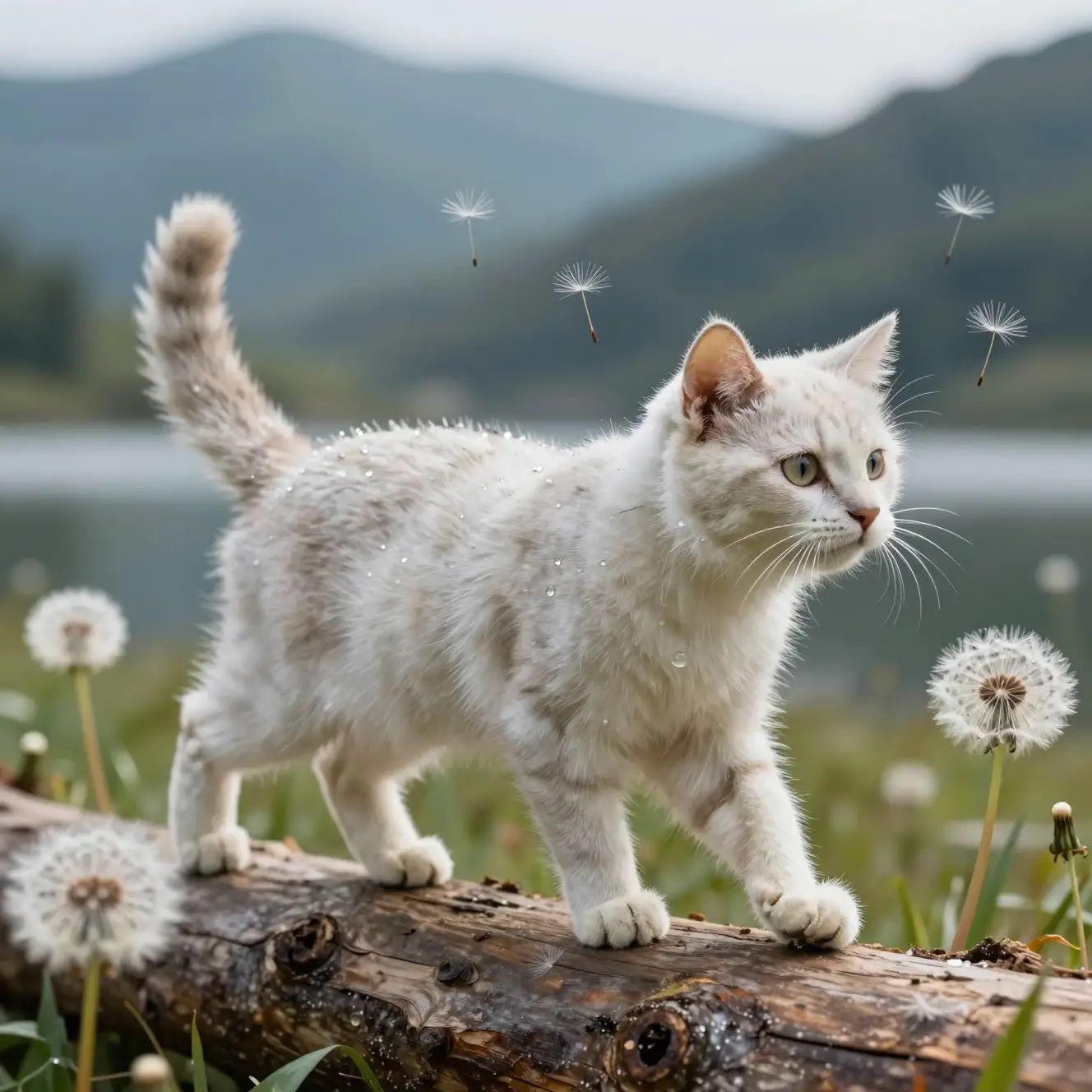 Gros plan d’un chat fantastique fait de graines de pissenlit