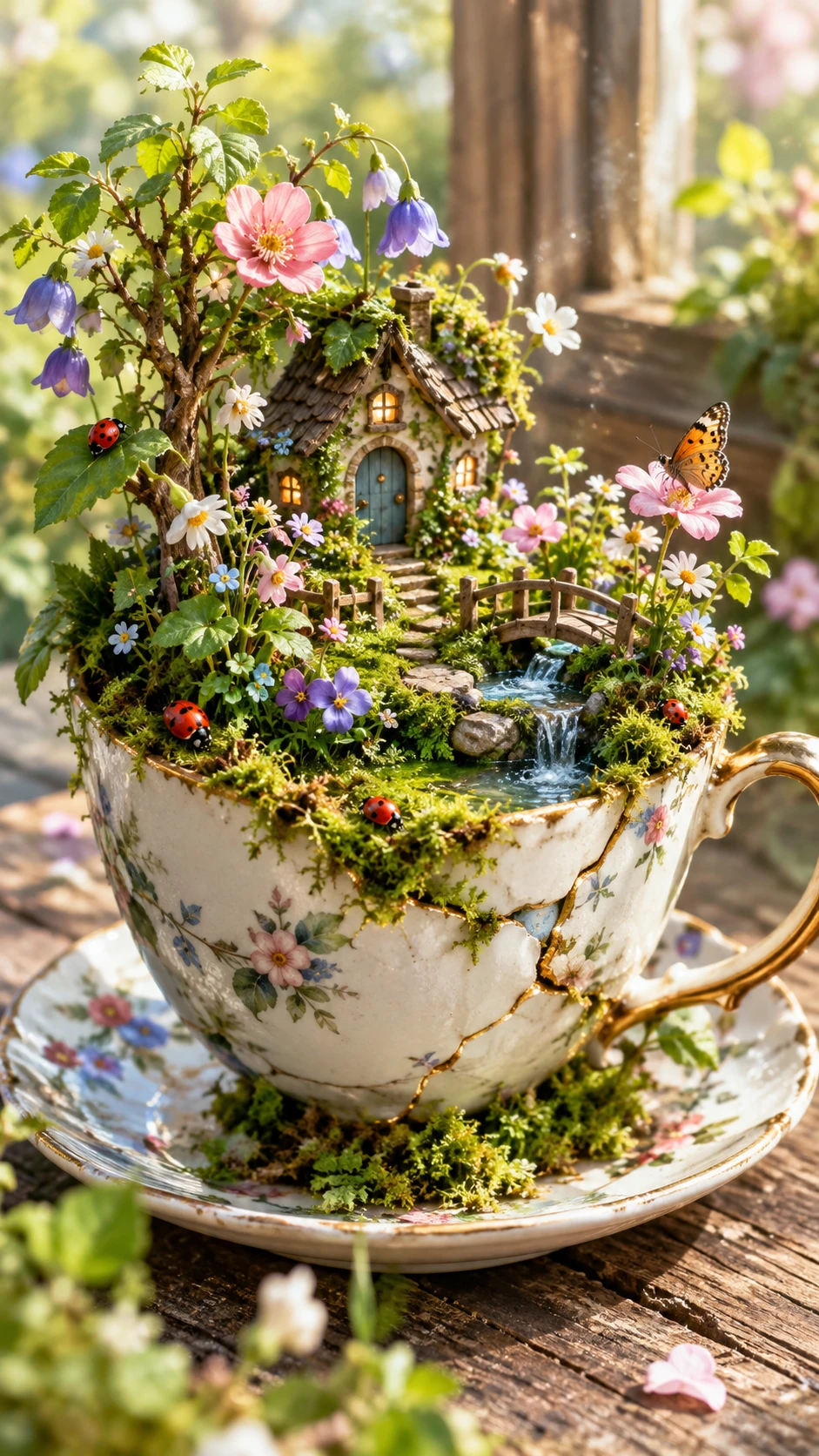 Miniature fairy garden blooming inside a cracked teacup