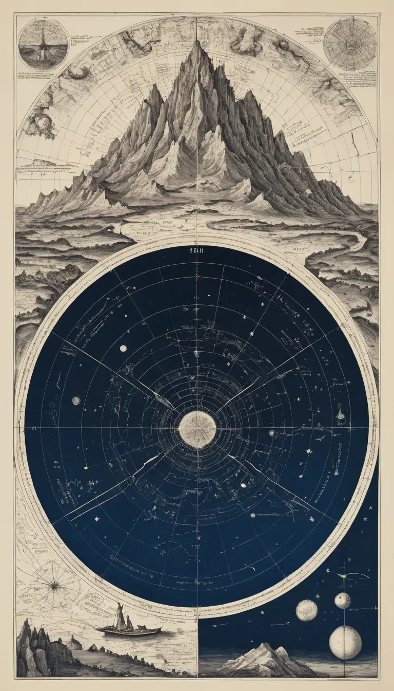 Homme cartographiant un univers surréaliste suspendu de soi