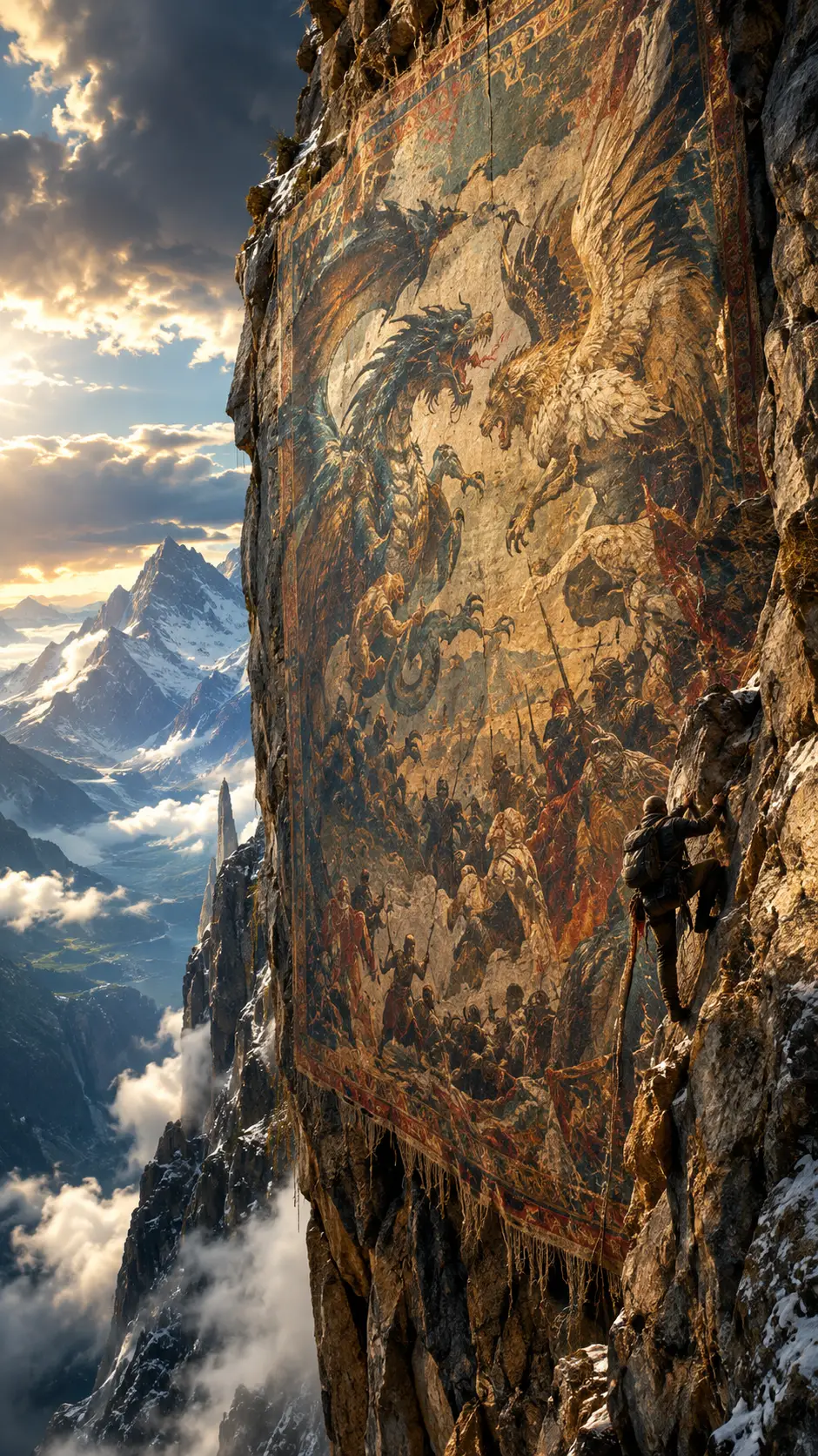 Lone climber scaling a colossal mythic tapestry cliff
