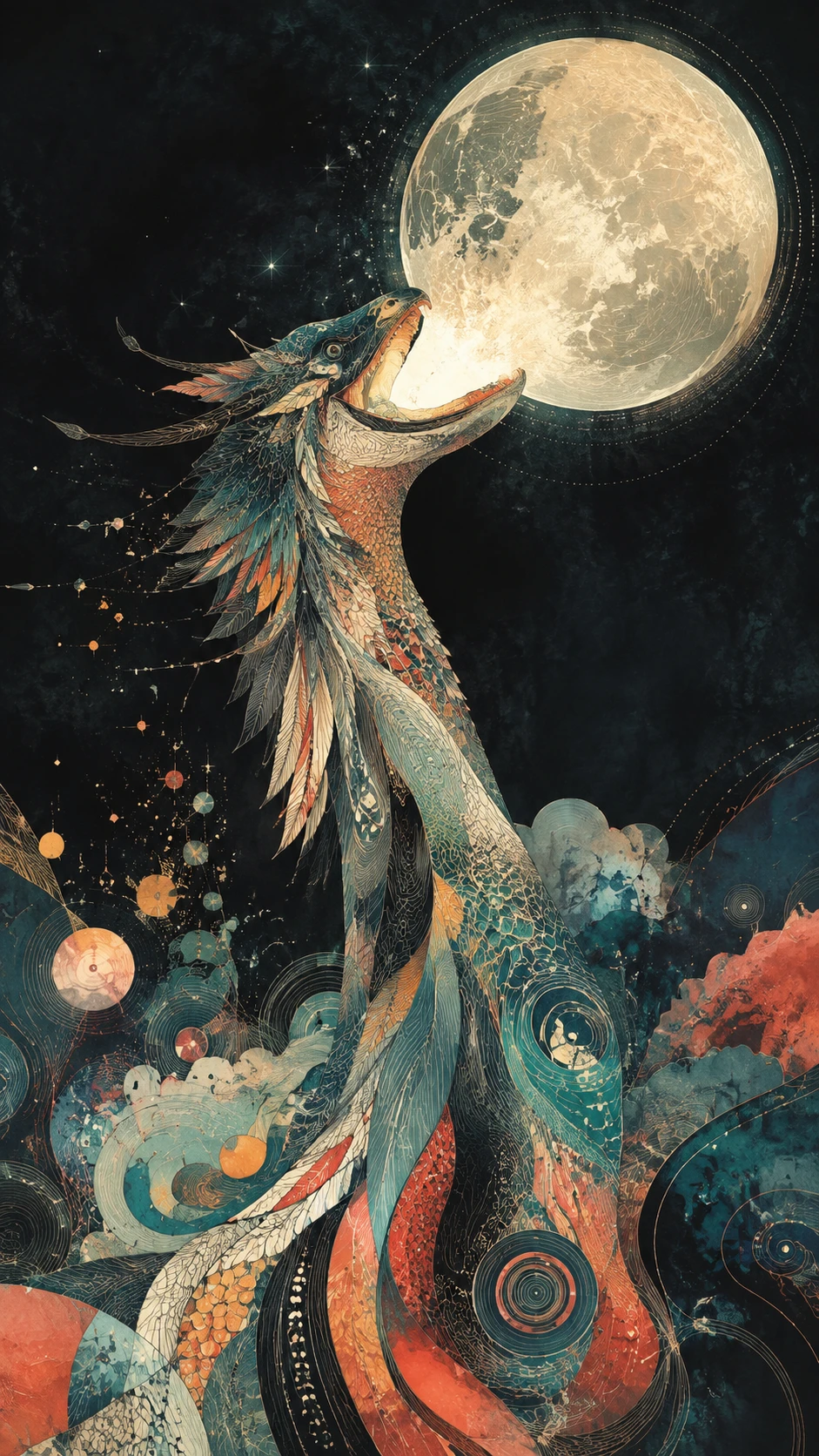 Mythical creature drinking moonlight against a dark sky