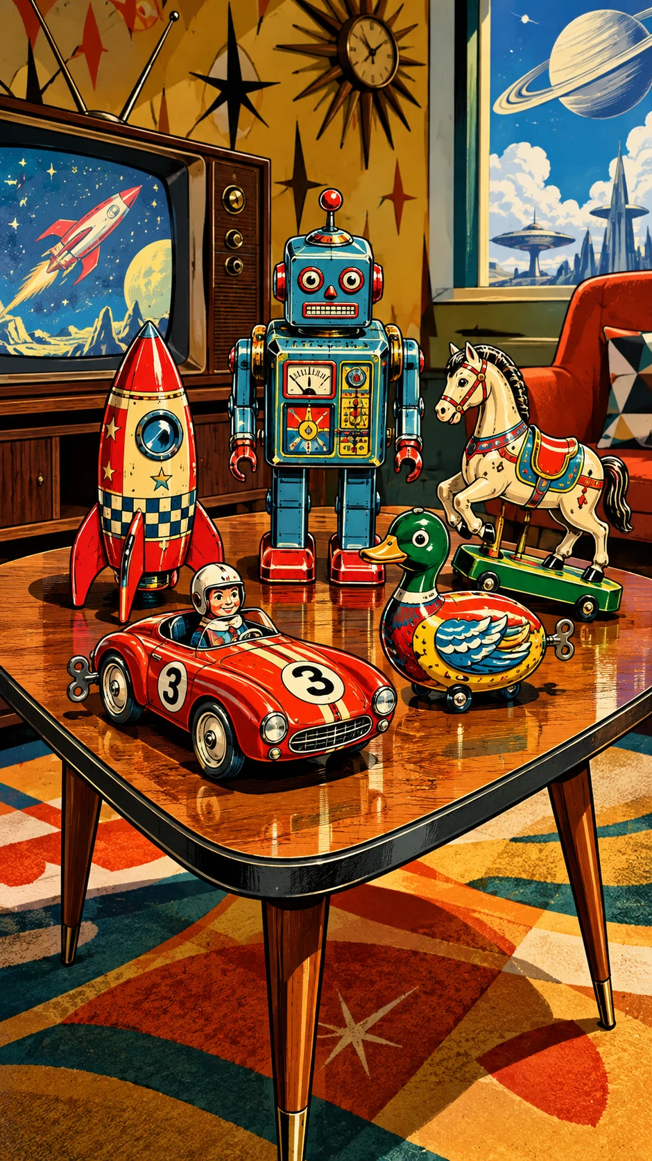 Colorful 1950s table with vintage tin toys in fantasy style