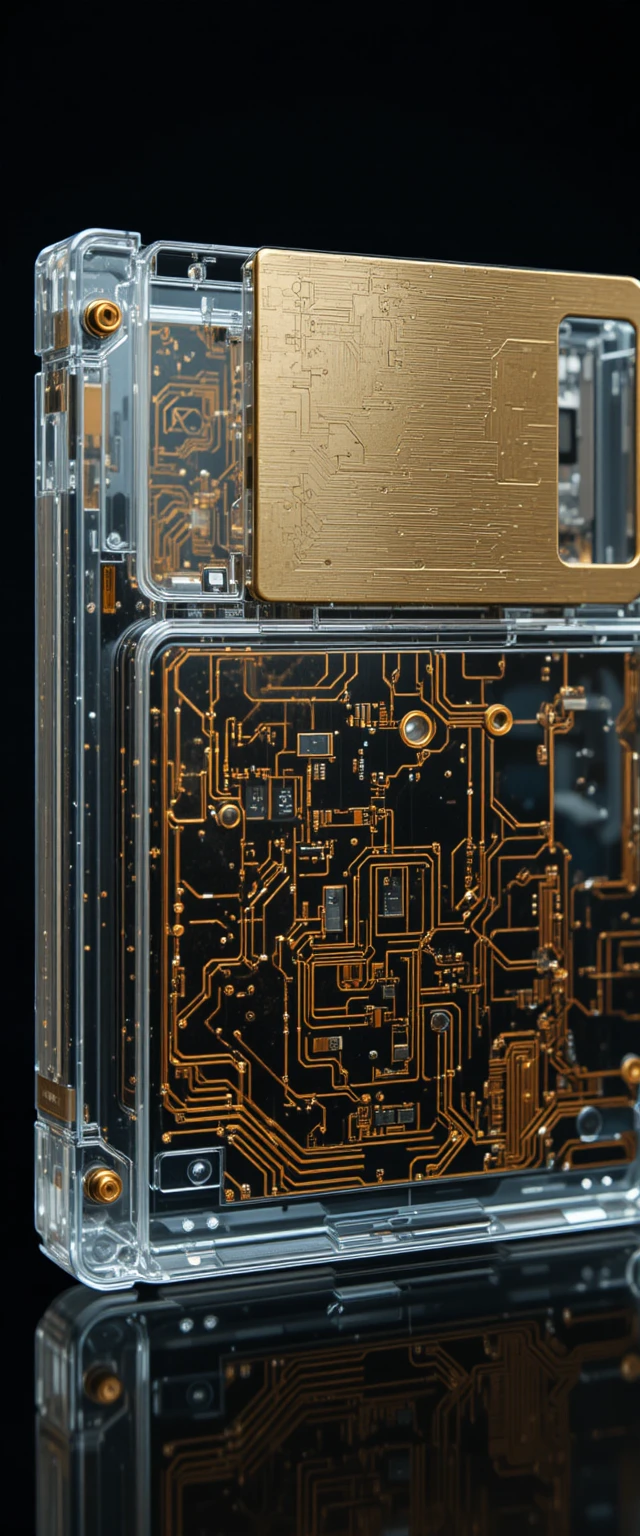 Transparent sci fi floppy disk with copper circuitry
