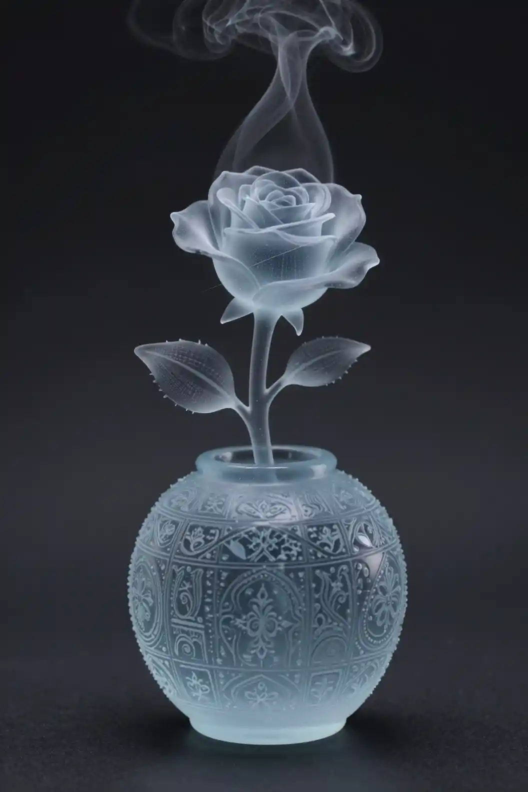 Translucent blue glass sculpture with rising steam rose