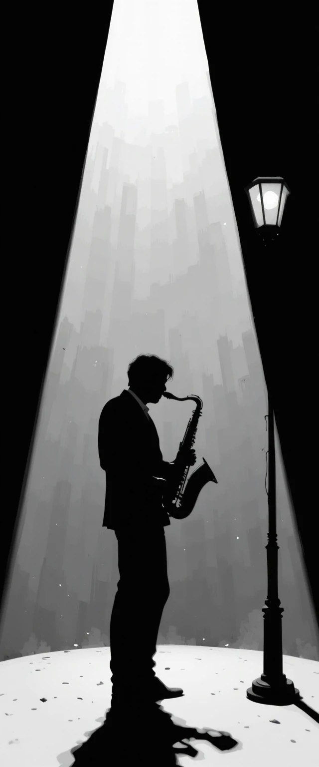 Silhouette eines Jazz-Saxophonisten unter einem dramatischen Einzelspotlight