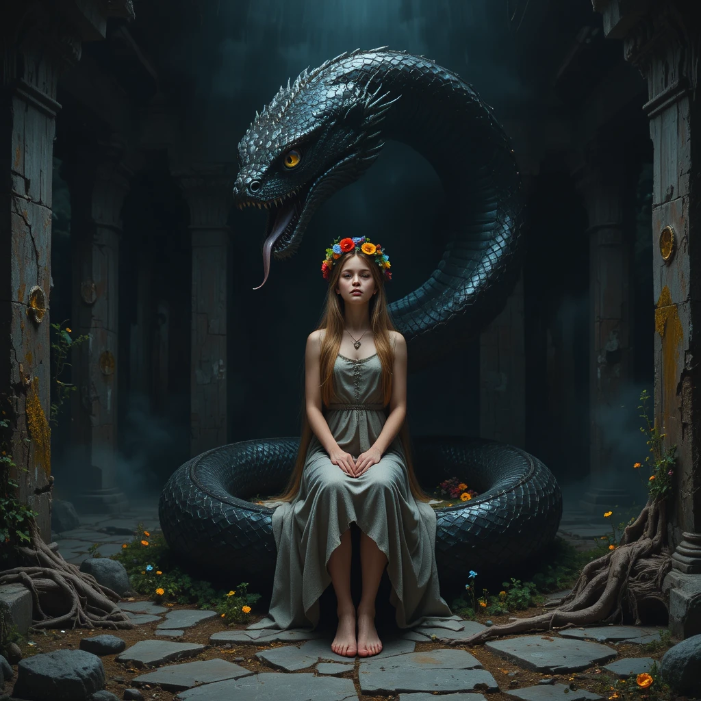 Young sorceress with serpent in ruined slavic stone temple