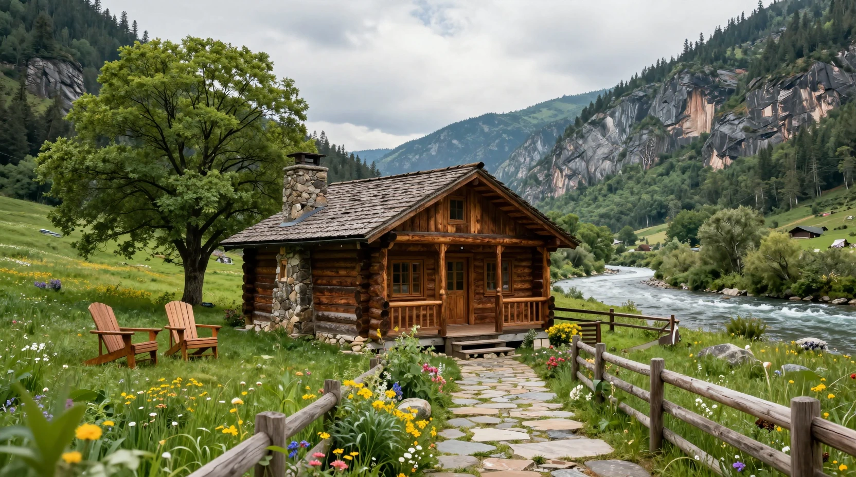 Rustic Log Cabin In A Lush Green Mountain Valley