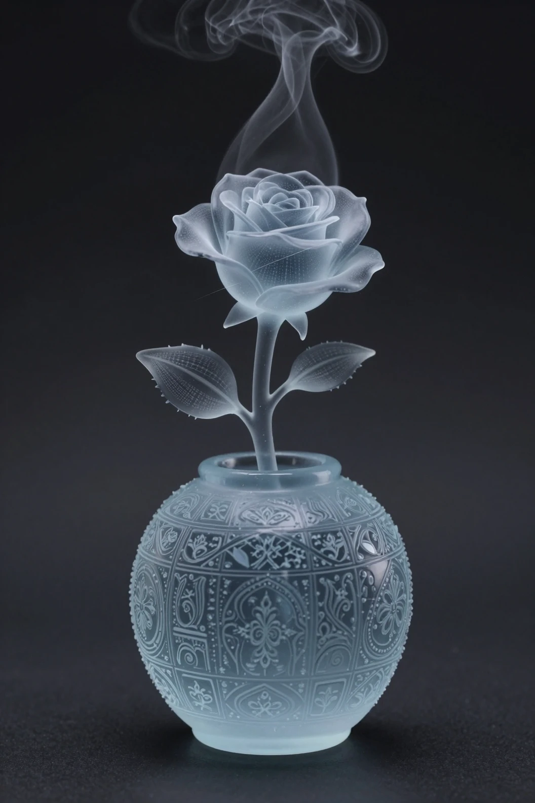 Translucent blue glass sculpture with rising steam rose