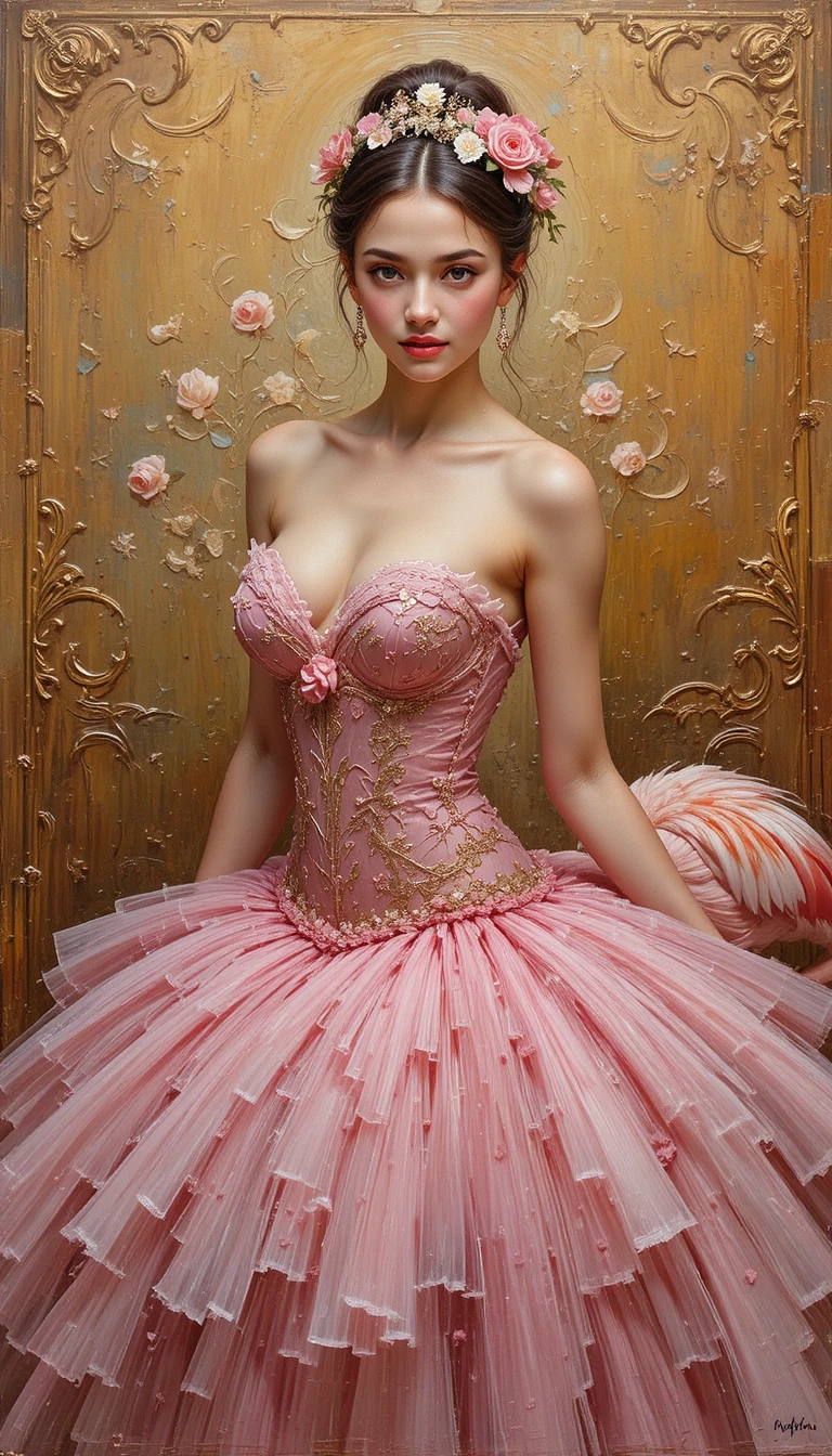 Oil painting of a ballerina with a graceful pink flamingo
