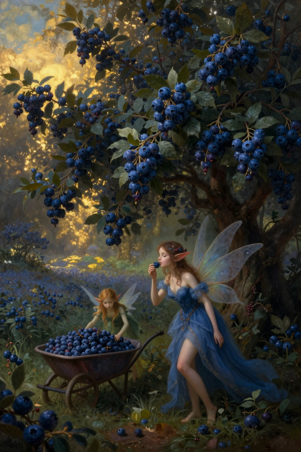 Blaue Feen sammeln Beeren in einem verzauberten Wald