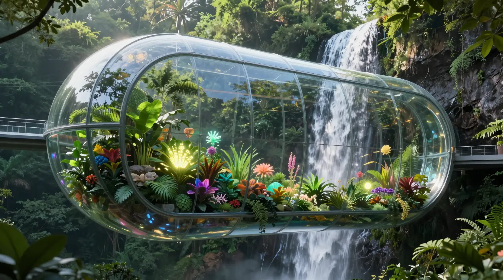 Biosphère en verre futuriste planant au-dessus d’une cascade forestière