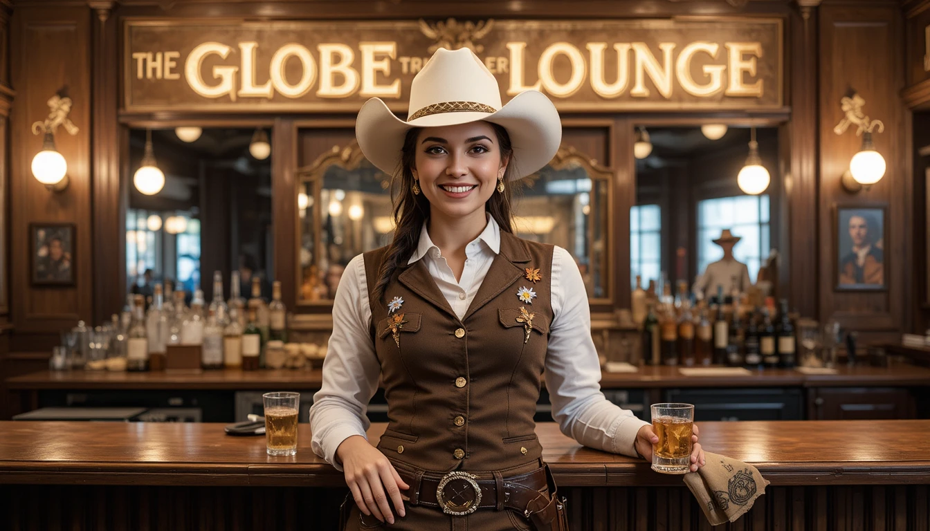 Lächelnde Cowgirl an einer theatralischen Bar-Theke