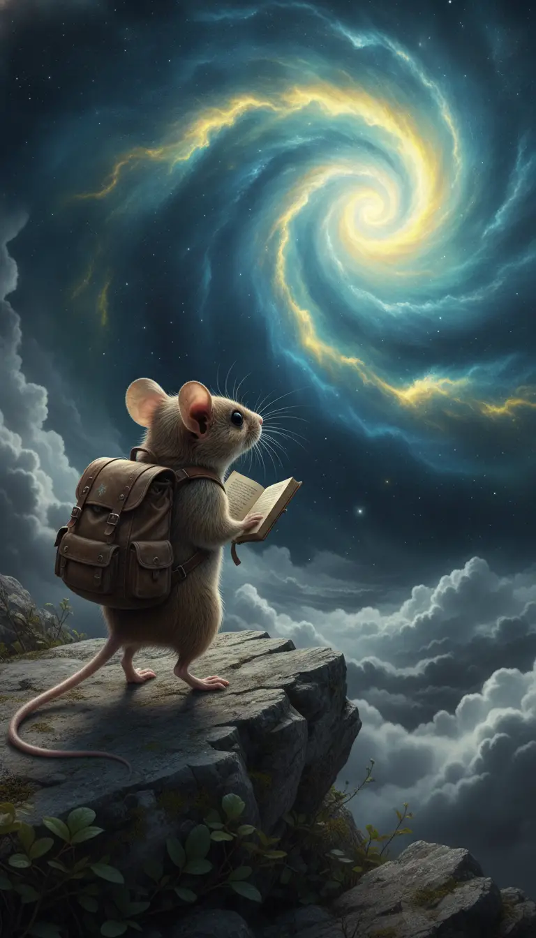 Souris aventurière lisant sur un promontoire rocheux devant un ciel cosmique