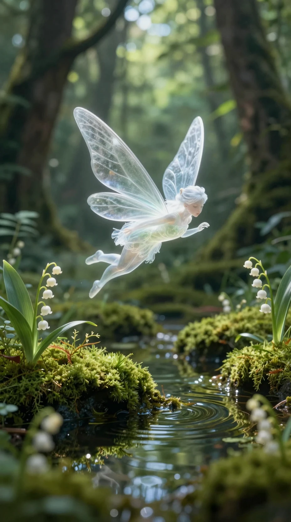 Ethereal fairy flying over water in a mossy forest