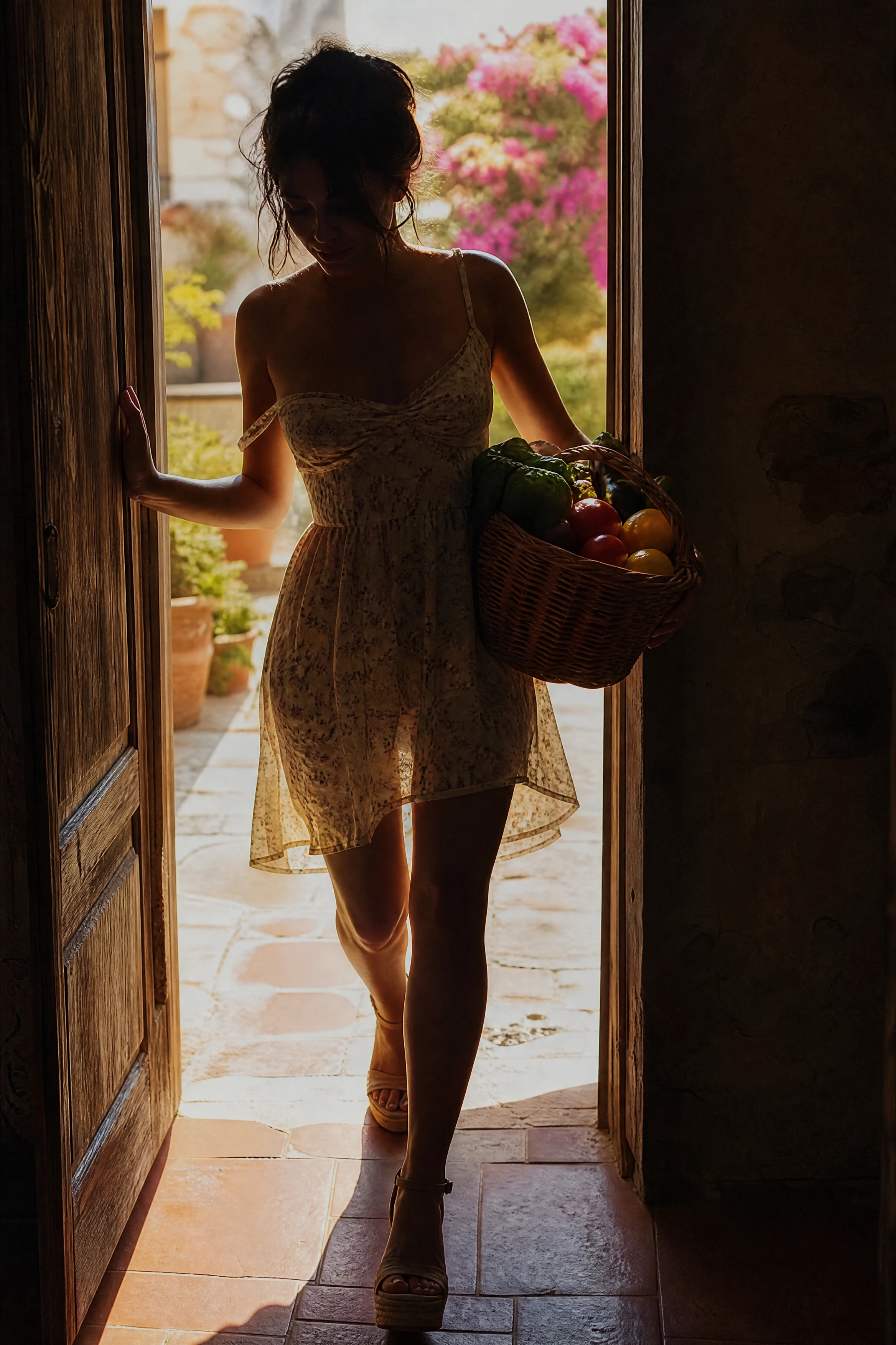 Woman stepping from sunlit terrace into dark farmhouse doorway