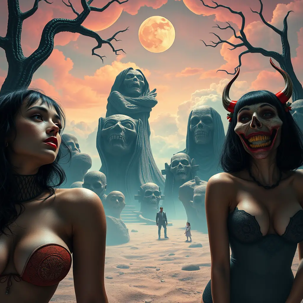 Paysage utopique surréaliste de femmes dans un horror comique et sombre